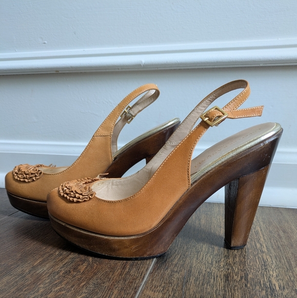 Loeffler Randall Leather Peep Toe Wood Platform Heel Women 6.5 Boho Tan Italy - Picture 1 of 16